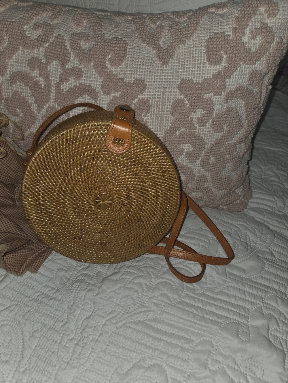 Round Ratten Woven Straw Crossbody Bag in Tan